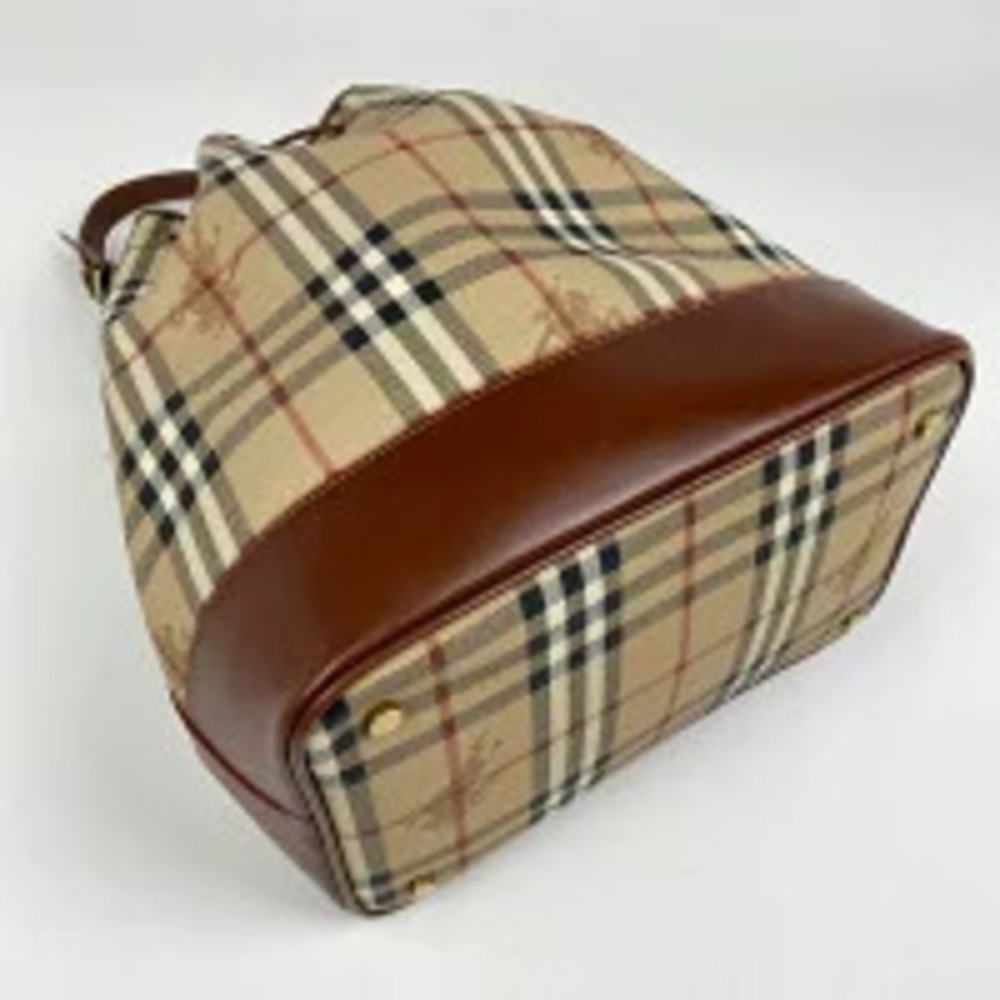 Burberry Shoulder Brown Canvas Beige Check Drawstring Bag